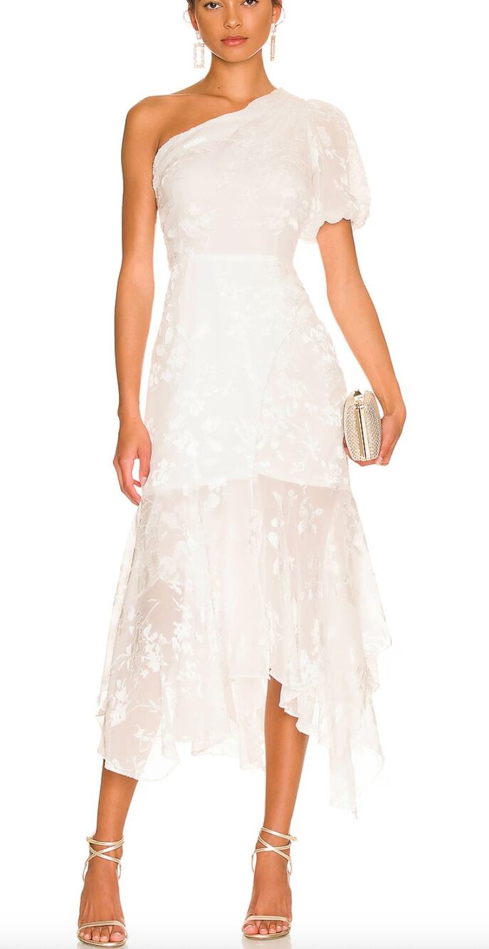NWT ASTR the Label Santorini Midi Dress in White One Shoulder Flowy Chiffon sz M